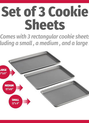 GoodCook Everyday Nonstick Baking Sheet Set, 3 Pack Includes Small (13×9) Medium (15×1) and Large (17×11) Pans Carbon Steel Construction Cookie Sheets Bakeware Set, Gray