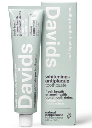 Davids Fluoride Free Toothpaste, Teeth Whitening, Antiplaque, SLS (Sulfate) Free, Promotes Enamel Health, Mouth & Gum Detox, EWG Verified, Peppermint, 5.25oz