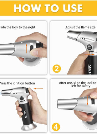 Kitchen Butane Torch with Safety Lock for Baking, Crafts & Steak | 2500°F Adjustable Continuous Flame, One-Button Piezo Ignition, Ergonomic Comfort Grip, 3 refill adapters(Butane Not Included)