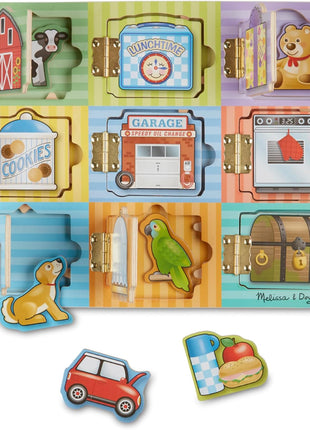Melissa & Doug Wooden Hide & Seek Activity Board – Montessori Busy Board with Hinges, Doors & 9 Wooden Magnetic Puzzles, Educational Preschool Learning Toy for Toddlers & Kids Ages 3+