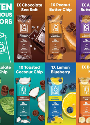 IQBAR Brain and Body Plant Protein Bars - 7 Bar Sampler Pack - Gluten Free, High Fiber, Vegan Snacks - Low Sugar Meal Replacement
