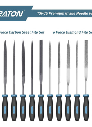 LIBRATON Small File Set, Needle Diamond Files 13PCS, 6pcs Jewlers & 6 Steel for Precision Metal Work, Wood, Woodworking, Plastic Carving Tool with Brush and Carry Case