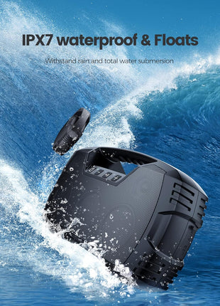 Outdoor Bluetooth Speaker, IPX7 Waterproof, 90W Peak, 32H, Black | Floating design, deep bass, TWS stereo, portable handle, rugged build for pool days, beach trips, kayaking, and hiking