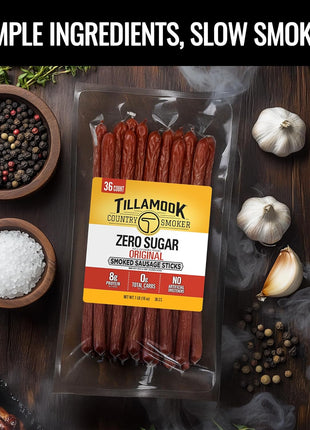 Tillamook Country Smoker Smoked Sausage, Zero Sugar, Original, 16 Ounce (36 Count Meat Sticks Bulk Pack) Real Hardwood Smoked Sausages, Low Carb, High Protein Ready to Eat Keto Snack