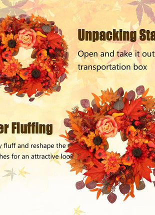 24" Fall Wreath for Front Door Outside - Sunflower, Pumpkin, Berry & Maple Leaves | Weatherproof Autumn Outdoor Wreaths with Hanger Hook for Thanksgiving, Harvest