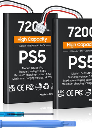 PS5 Controller Battery, High Capacity 2x7200mWh Rechargeable PS5 Battery Pack for Dualsense Controller with Black Skin, Replacement Batteries for PlayStation 5 with Screwdriver Tool Set