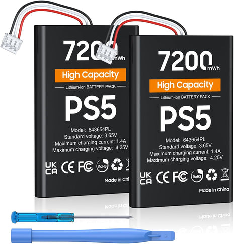 PS5 Controller Battery, High Capacity 2x7200mWh Rechargeable PS5 Battery Pack for Dualsense Controller with Black Skin, Replacement Batteries for PlayStation 5 with Screwdriver Tool Set
