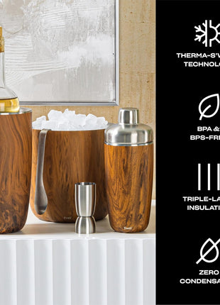 S'well Stainless Steel Ice Bucket with Tongs, 68oz Capacity, Teakwood Pattern Finish, Triple-Layer Vacuum Insulated to Keep Ice Colder Longer, BPA-Free Barware