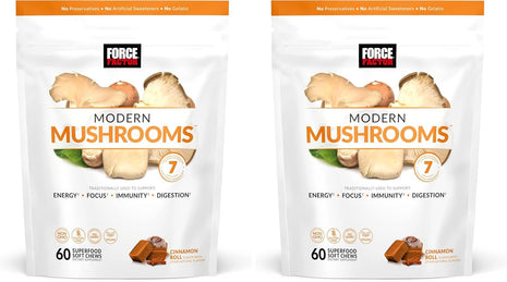 Force Factor Modern Mushrooms Soft Chews, Mushroom Supplement with Lions Mane, Turkey Tail, & Cordyceps to Support Energy, Focus, Immunity, & Digestion, Cinnamon Roll, 60 Soft Chews, (Pack of 2)