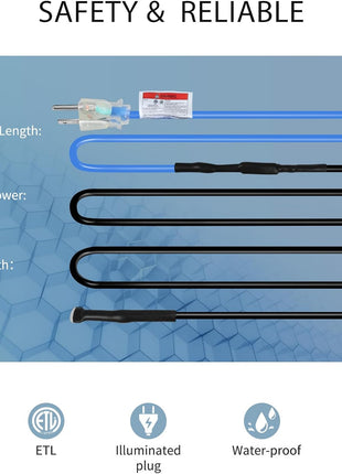 60ft Roof Deicing Cable, 5w/ft Constant Wattage, CSA ETL Certified, Prevents Ice Dams on Metal or Plastic Gutters/Downspouts, 120V