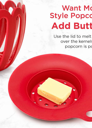 Ecolution Patented Micro-Pop Microwave Popcorn Popper with Temperature Safe Glass, 3-in-1 Lid Measures Kernels and Melts Butter, Made Without BPA, Dishwasher Safe, 3-Quart, Red