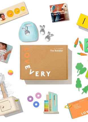 LOVEVERY, The Babbler Play Kit with Bonus Book 'Where is Crew's Shoe', Birthday Play Kit, Montessori Toddler Toy (Best Birthday Gift for 1 Year Old)