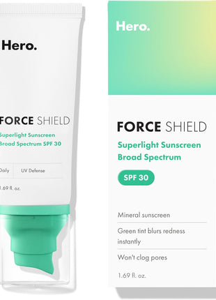 Hero Cosmetics Force Shield Superlight Sunscreen SPF 30, 1.69 Fl Oz | Improves Redness & Post-Blemish Marks; Color-Correcting Green Cream; Long-Lasting Hydration; Dermatologist Tested