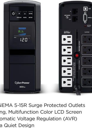 CyberPower CP850PFCLCD PFC Sinewave UPS Battery Backup and Surge Protector | Surge Protector, 850VA/510W, 10 Outlets, AVR, Mini-Tower