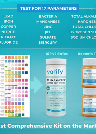 Varify 17in1 Complete Drinking Water Test Kit - 100 Strips  2 Bacteria Tester Kits - Well, Tap, Home, City Water Testing Strip for Lead, Alkaline, Chlorine, Hardness, Iron, Fluoride, Copper & More