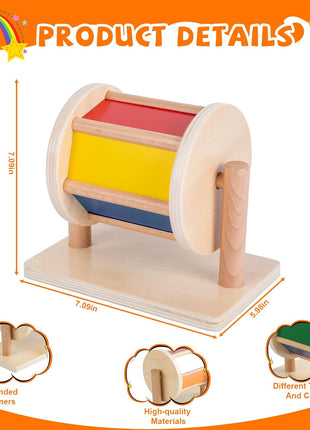 Adena Montessori Medium Spinning Drum, 6-12m | 6 color panels incl. mirror, rattles when spun. Wooden bars for easy grip. Boosts tummy time, motor & tracking. Gift.