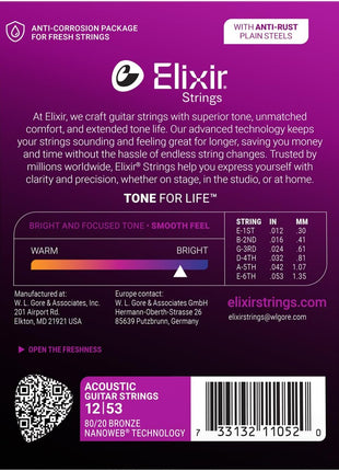Elixir Strings, Acoustic Guitar Strings, 80/20 Bronze with NANOWEB Coating, Longest-Lasting Bright and Focused Tone with Comfortable Feel, 6 String Set, Light 12-53