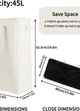 Odonata Slim Laundry Hamper Handles Collapsible Laundry Basket Thin Dirty Clothes Basket Narrow Laundry Bag Foldable Dirty Hamper 45L (Beige)