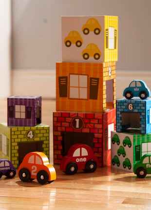 Melissa & Doug Nesting and Sorting Garages and Cars with 7 Graduated Garages and 7 Stackable Wooden Cars - FSC Certified