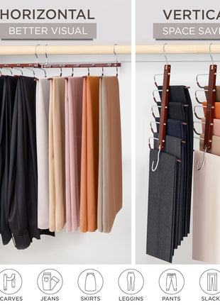 MORALVE Pants Hangers Space Saving - 2 Pack European Beechwood Scarf and Jean Hangers - Closet Organizer and Space Saver Pant Rack, Leggings Hanger, and Scarf Holder with 360° Swivel Hook