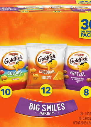 Goldfish Crackers Big Smiles Variety Pack with Cheddar, Colors, and Pretzels, Snack Packs, 30 Ct