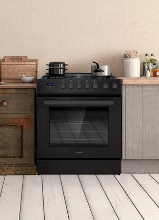 30 in. Nebula Coll 5.0 cu. ft. 5 Burner Gas Range, Convection, Matte Black | Cosmo COS-305AGC-BK Cast Iron Grates, Digital Display with Timer, Metal Knobs, Liquid Propane Convertible, Wok Ring