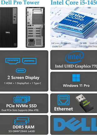 Dell Pro Tower PC Business Desktop Computer, 14th Gen Intel 14-Core i5-14500 vPro, 16GB DDR5 RAM, 512GB PCIe SSD, RJ-45, HDMI, DisplayPort, Type-C, Windows 11 Pro | 16GB DDR5 RAM, 512GB PCIe SSD, RJ-45, HDMI, DisplayPort, Type-C, Windows 11 Pro