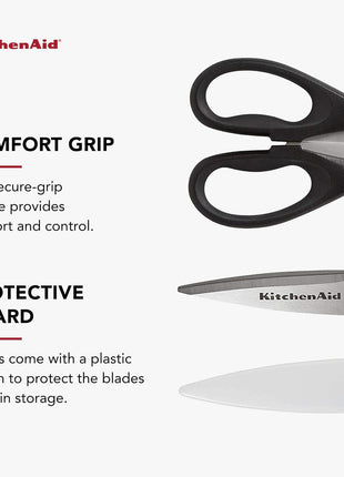 KitchenAid All Purpose Kitchen Shears with Protective Sheath Durable Stainless Steel Scissors, Dishwasher Safe, Soft Grip Comfort Handle, 8.72 Inch, Black
