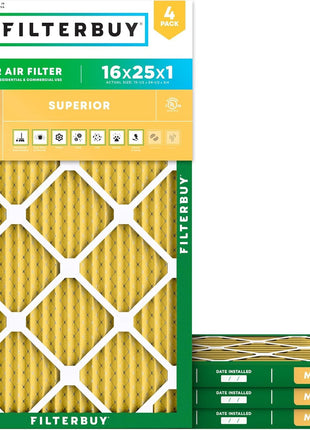 Filterbuy 16x25x1 Air Filter MERV 11 (MPR 1200) Allergen Defense Replacement (4-Pack), Electrostatic Pleated HVAC AC Furnace Filters, Made in USA (Actual Size: 15.50 x 24.50 x 0.75)