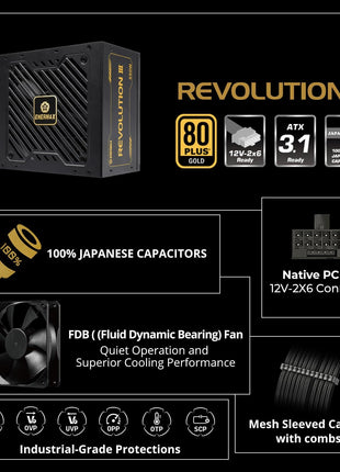 ENERMAX Revolution III 850 - Fully Modular PC Power Supply - 850 Watts - 80 Plus Gold - 600W 12V-2x6 Connector - 100% Japanese Capacitors - Sleeved Cables - 10 Year Warranty
