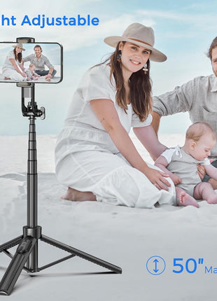 Selfie Stick Travel Tripod for Cell Phone with Remote Control and Phone Holder, Extendable Selfie Stick for iPhone, iPhone Tripod for Video Recording, 50 Inch, Black