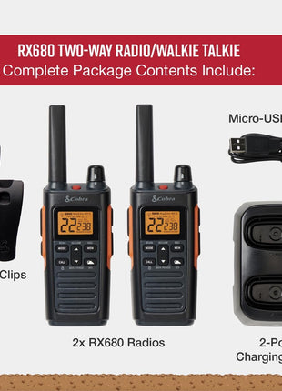 Cobra RX680 Walkie Talkies (2-Pack) - Rugged & Splashproof Two Way Radios Long Range, IP54 Water Resistant Design, 60 Pre-Programmed Channels, Weather Alerts, Included Charging Dock (Black/Orange)