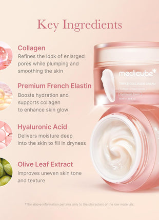 Medicube Triple Collagen Cream - Hydrating & Firming Moisturizer with Hyaluronic Acid, Premium Elastin, Shea Butter - Wrinkle Care & Boosts Elasticity - Korean Skincare, 1.69 oz