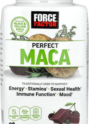 Force Factor Perfect Maca, Maca Root & DIM Supplement with Saffron | Boost Energy and Mood, with Yellow and Black Maca, Vitamins, Minerals, and Antioxidants, Dark Cherry Flavor, 60 Soft Chews
