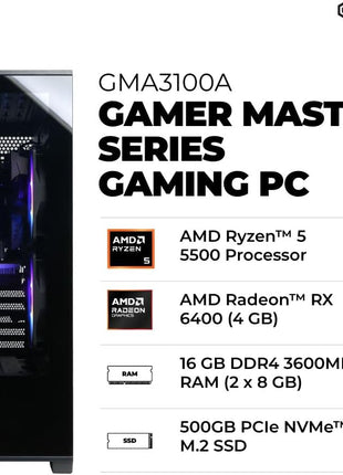 CYBERPOWERPC Gamer Master Gaming PC, AMD Ryzen 5 5500 3.6GHz, Radeon RX 6400 4GB, 16GB DDR4, 500GB PCIe Gen4 SSD, WiFi Ready & Windows 11 Home (GMA3100A)