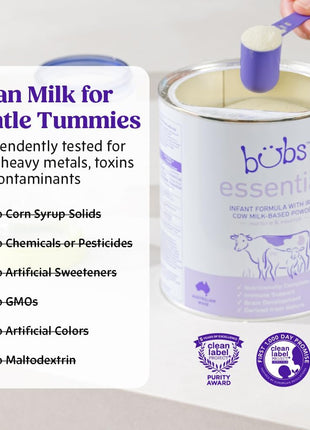 Bubs Essential Infant Formula, with Iron, Cow Milk-Based Powder, for Infants 0-12 Months, Made with Non-GMO Milk, 20 oz