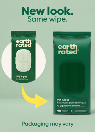 Earth Rated Pet Wipes for Dogs and Cats, Hypoallergenic, 3-in-1 Cleaning, Deodorizing and Hydrating, for Grooming Paws, Body and Butt, Unscented, 100 Count