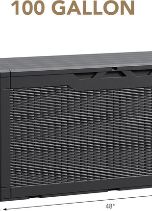 Devoko 100 Gallon Waterproof Large Resin Deck Box Indoor Outdoor Lockable Storage Container for Patio Furniture Cushions Garden Tools (100 Gallon, Black)