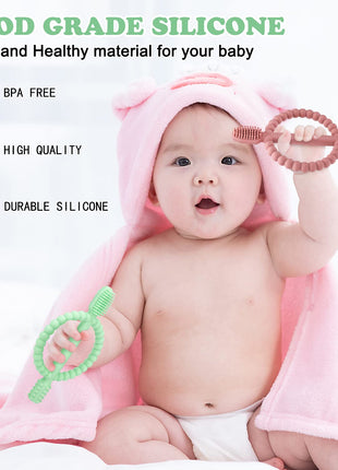 MISSLILI Baby Teething Toys with Easy-Hold Handle, Infant Toothbrush | Textured On Both Sides Helps Massage, Soothe Sore Gums, Silicone Teething Toys for Babies 0 3 6 12 36 Months Bright.