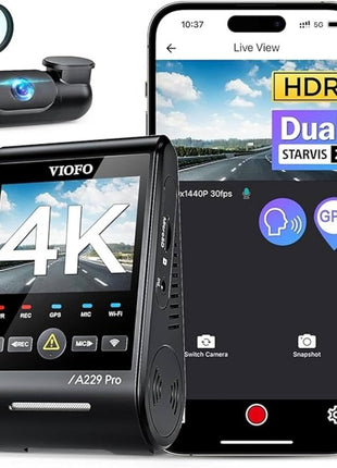 VIOFO A229 Pro 4K HDR Dash Cam, Dual STARVIS 2 IMX678 IMX675, 4K+2K Front and Rear Car Camera, 2 Channel with HDR, Voice Control, 5GHz WiFi GPS, Night Vision 2.0, 24H Parking Mode