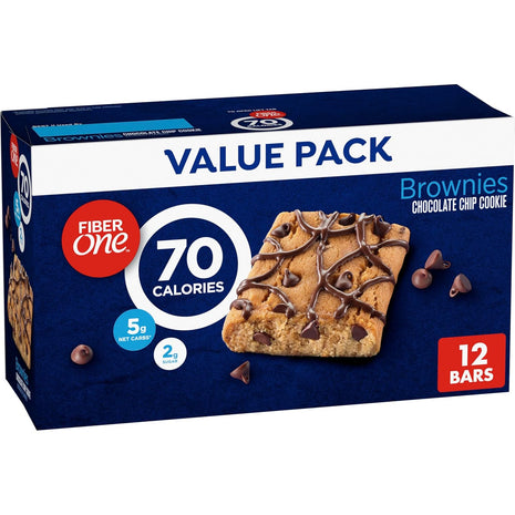 Fiber One 70 Calorie Chocolate Chip Cookie Brownies, 12 ct, 10.6 oz | 27% Daily Value of Fiber per Bar, 5g Net Carbs, Chocolatey Chips & Drizzle, Ideal Desk Drawer or Lunchbox Snack, 10.6 oz