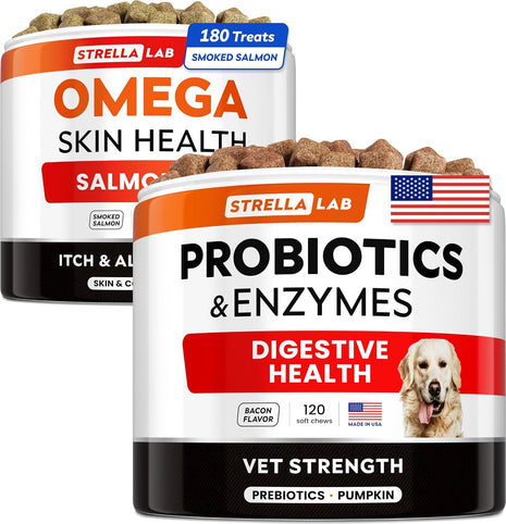 Omega 3 + Vet Strength Dog Probiotics Bundle - Allergy &Itch Relief Skin & Coat Supplement - 1 Billion CFU + Digestive Enzymes - Diarrhea, Gas, Constipation, Upset Stomach Relief - 300ct - Made in USA