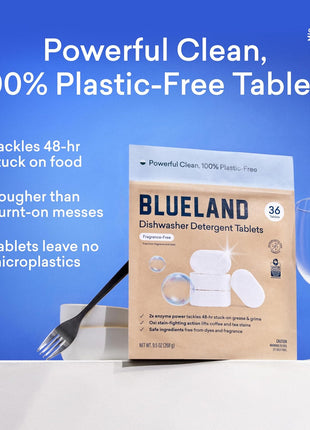 BLUELAND 100% Plastic-Free Dishwasher Detergent Tablets, 60ct, Free & Clear | Eco-Friendly Dishwashing Pods, Cuts Grease & Stuck on Food, Rinses Clean for Streak-Free Shine, Fully Dissolves, Septic Safe