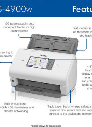 Brother ADS-4900W Professional Desktop Scanner with Fast Scan Speeds, Duplex, Wireless, and Large Touchscreen