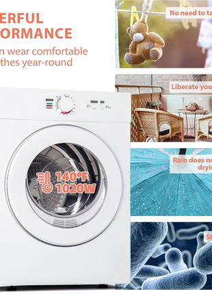 Euhomy Compact Dryer 1.8 cu. ft. Portable Clothes Dryers with Exhaust Duct with Stainless Steel Liner Four Function Small Dryer Machine, Suitable for Apartments, Dorm, RVs, White