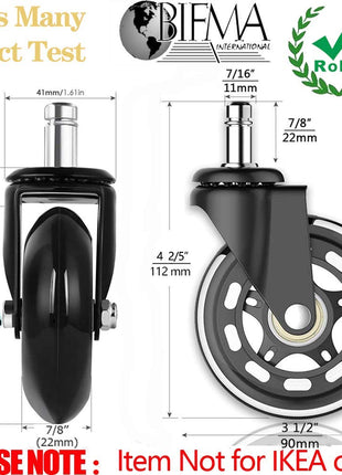 HOSALI 3 Inch Office Chair Wheels - Rubber Chair Casters Replacement, Heavy-Duty Computer Gaming Desk Caster Wheel Smooth & Safe Rolling for All Floors Including Hardwood and Carpet, Set of 5