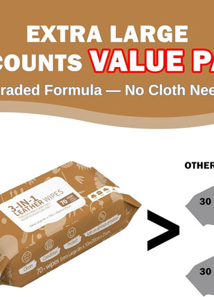 Air Jungles 3in1 Leather Cleaner Wipes 70 Count, Extra Large 8 inch x 10 inch Size, Clean Condition Protect Wipes for Vinyl and Leather Apparel Furniture Auto Car Interior Shoes Boots Bags