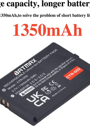 Batmax 1350mAh CTR-003 Battery for Nintendo 3DS 2DS Game Console