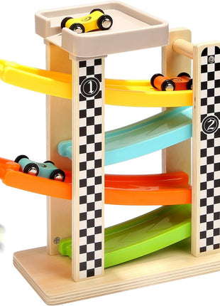 Toddler Toys for 1 2 Year Old Boy and Girl Gifts Wooden Race Track | Wooden ramp racer with 4 numbered mini cars and top parking; for indoor play, visual tracking, turn-taking, and repeat play