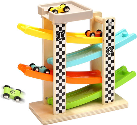 Toddler Toys for 1 2 Year Old Boy and Girl Gifts Wooden Race Track | Wooden ramp racer with 4 numbered mini cars and top parking; for indoor play, visual tracking, turn-taking, and repeat play
